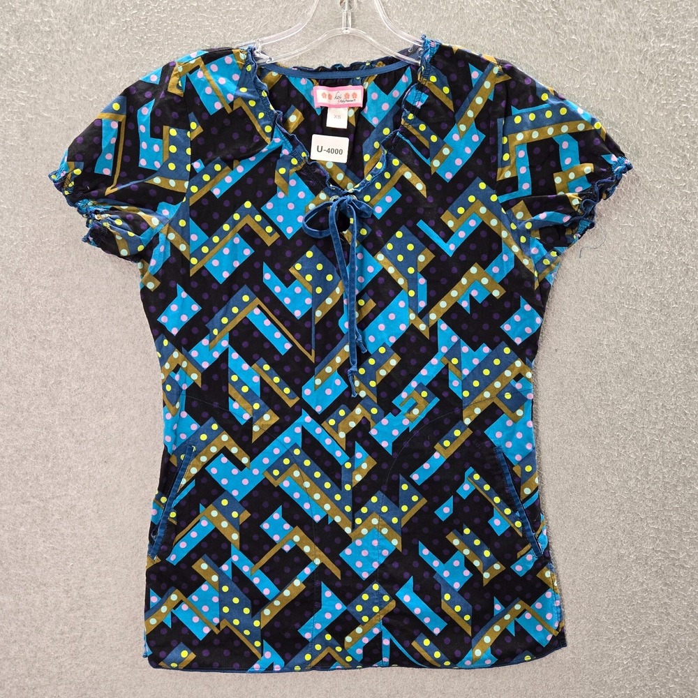 Koi Women Scrub Top‎ XS Blue Geometric Bow Necklace Short Sleeve